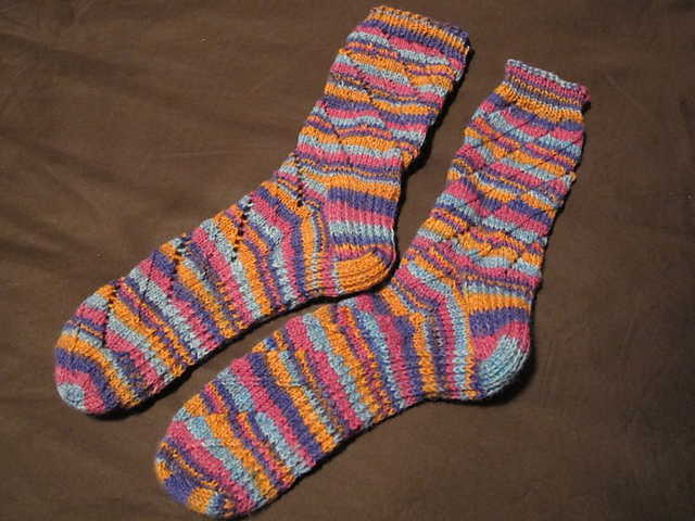 Overview photo of the completed pair of socks.  Note the heel stitch base on this pair, which was a bit of an additional experiment.