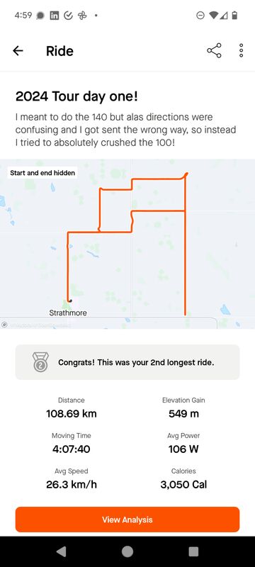 Screen cap of my Strava ride showing the distance (108k) and average speed (26.3 kph).