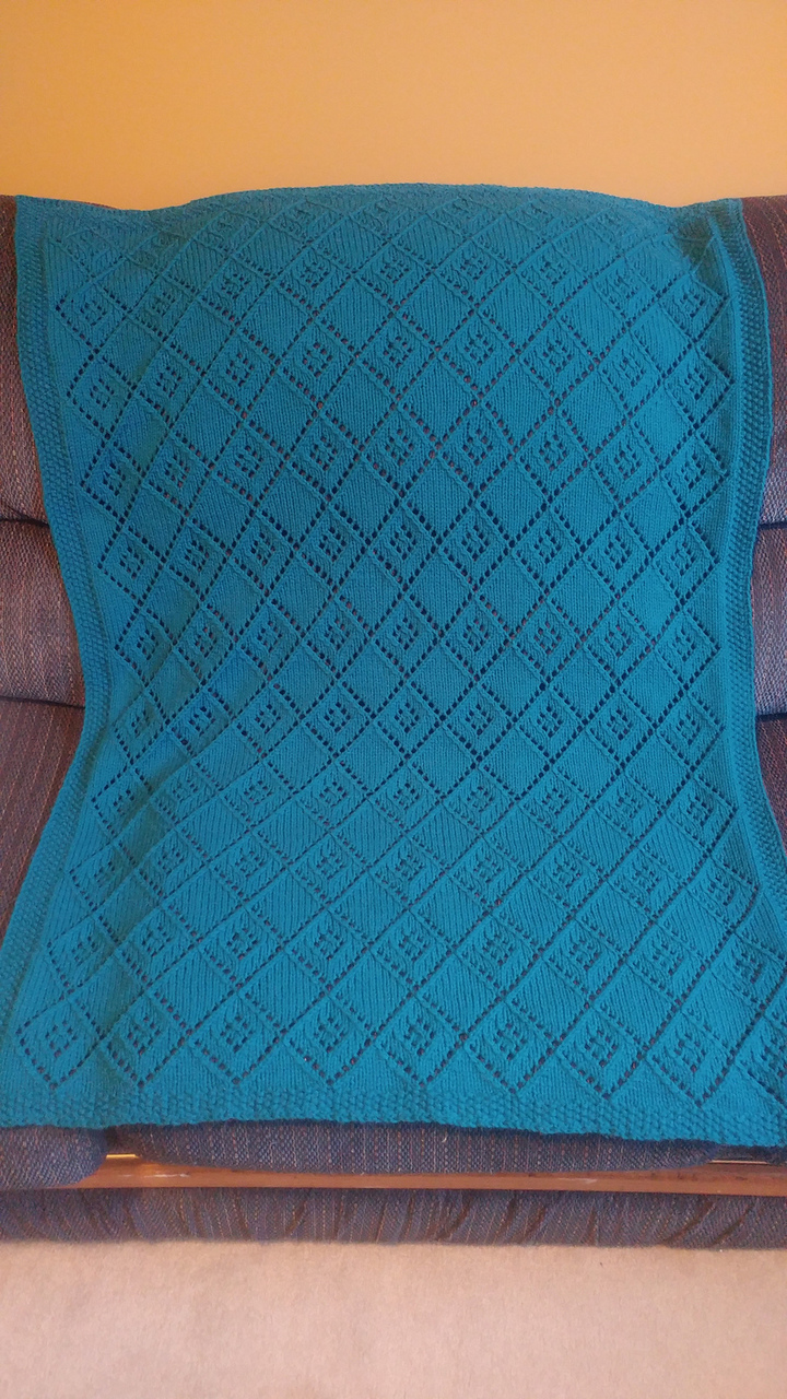 Photo of the completed and blocked blanket.