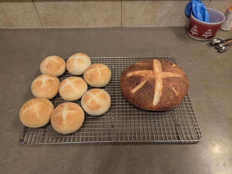 Sourdough rolls and one pound boule, baked hearth-style with visible scoring.