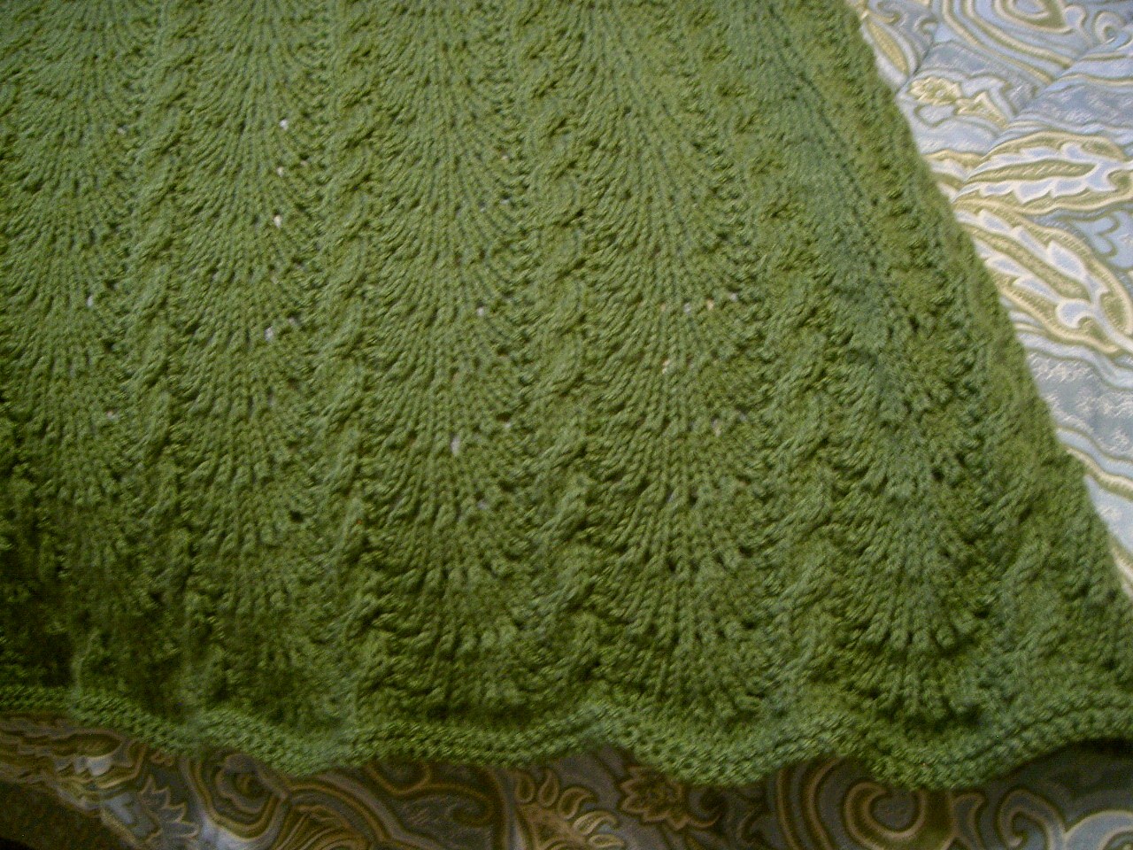 Close-up shot of the completed pattern showing the scallops and cables.