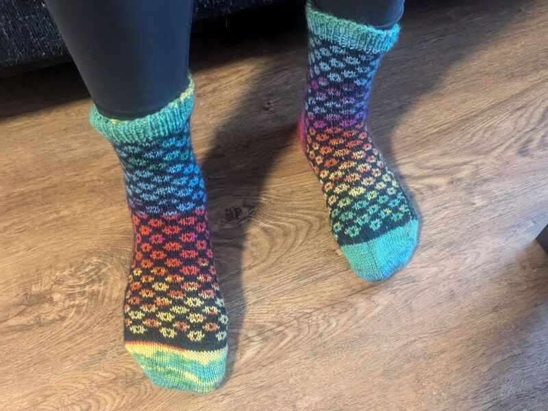 Rainbow pattern sock, top view.