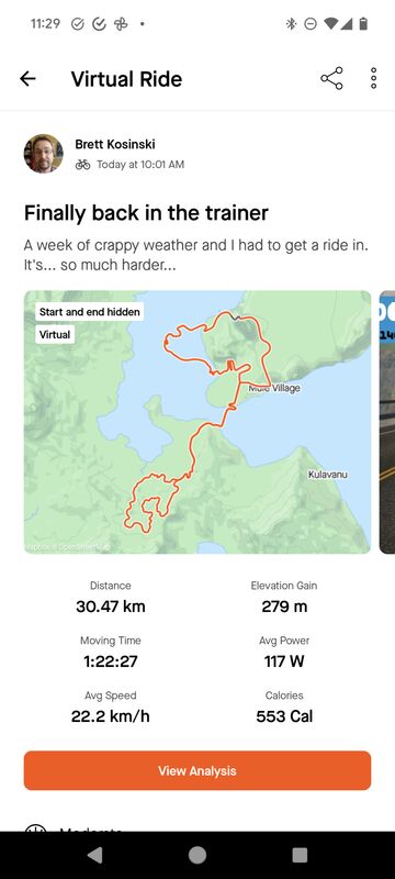 Screenshot of the Strava activity tracking my virtual ride in Swift.  30km, 279m elevation gain, and 1h 22m in the saddle!