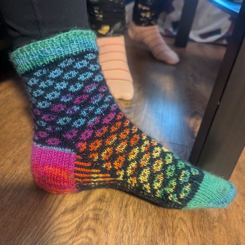 Rainbow pattern sock, side profile.