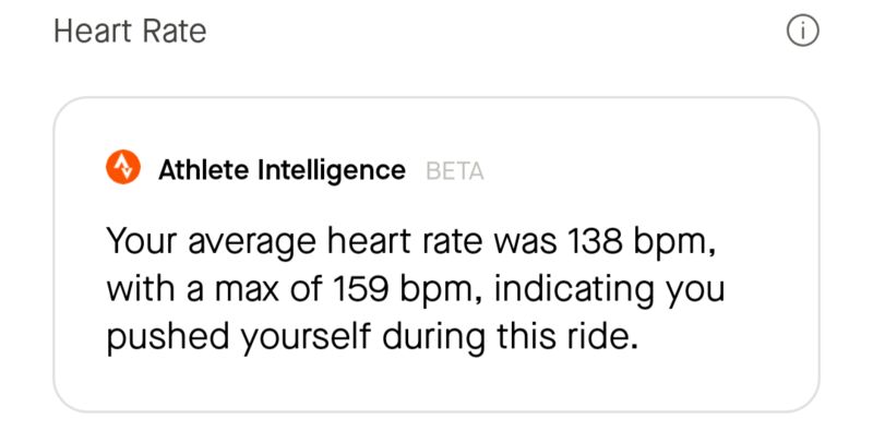 In this screenshot the AI notes 'Your average heart rate was 138 bpm, with a max of 159 bpm, indicating you pushed yourself during this ride.' Amazing.