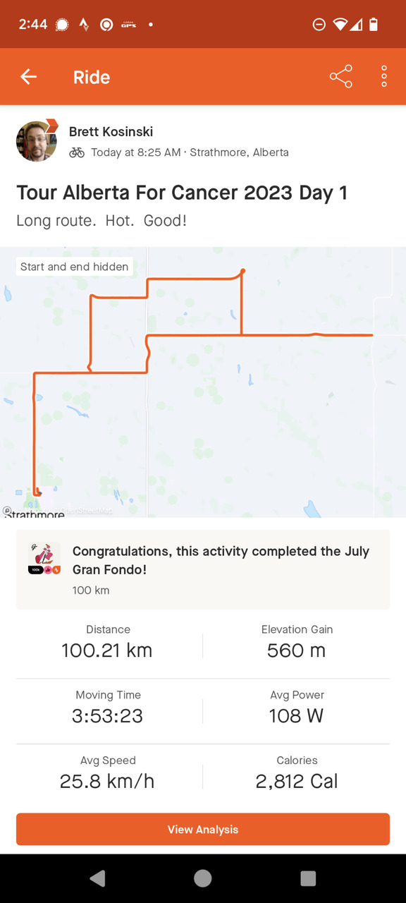 Strava tracking from my day 1 ride.  I decided to break away and do the long route, hill and all...